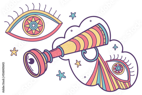 eyes, kaleidoscope, magnifying glass, colorful, whimsical, digital illustration, minimalist, vector art