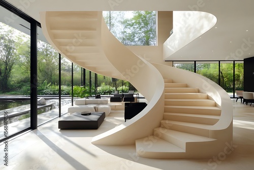 Tranquil spiral staircase in pale sandstone, seamlessly merging into a wide, open minimalist living area with large picture windows