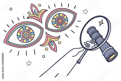 eyes, kaleidoscope, magnifying glass, colorful, whimsical, digital illustration, minimalist, vector art