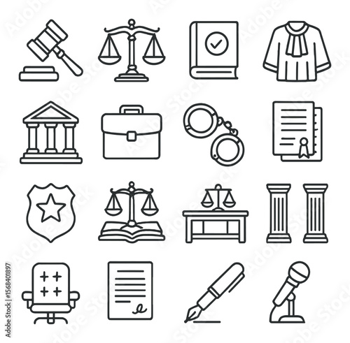 Legal icons collection, law and justice symbols. court and attorney design set