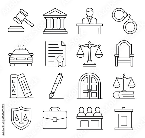 Law and justice collection, legal icons set. court, attorney, and police symbols