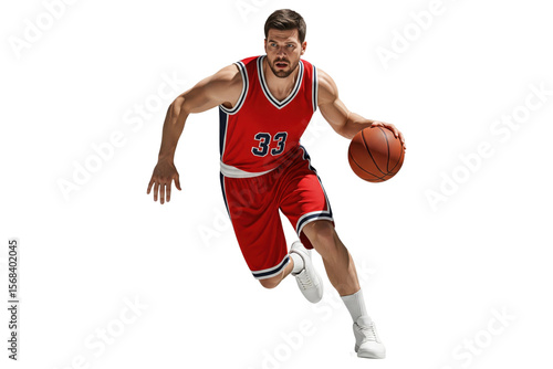 Male basketball player in a red uniform dribbling the ball during a game
