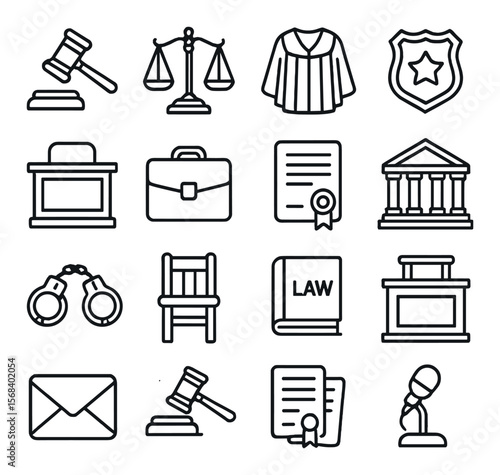 Legal symbols collection, justice design icons. law and courtroom graphics set