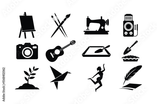Easel paintbrushes sewing machine camera guitar pie baking plant origami dancer feather pen