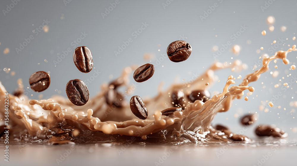 Coffee splash with beans in motion on grey background Coffee splash with beans in motion on grey background