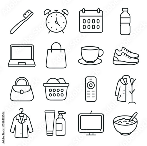 Daily routine essentials collection, everyday icons. simple lifestyle and home set