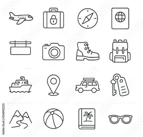 Travel icon collection, journey symbols. holiday and adventure planning set