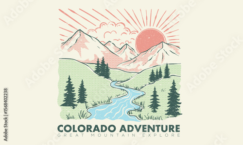 Explore graphic print design for apparel. Mounting summer adventure artwork for t shirt , sweatshirt, poster, sticker and others. Colorado national park artwork.