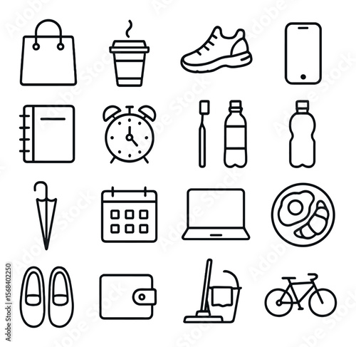 Daily essentials icon collection, everyday symbols set. basic and necessary tools icons