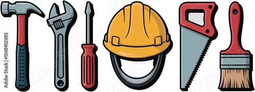 Illustration of a hammer, wrench, screwdriver, hardhat, saw, and paint brush