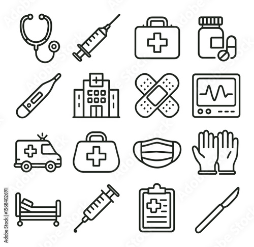 Healthcare essentials icon collection, medical symbols. health and medicine design set
