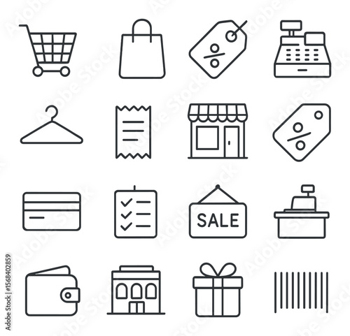 Retail shopping icon collection, simple commerce and sale symbols for merchandising needs