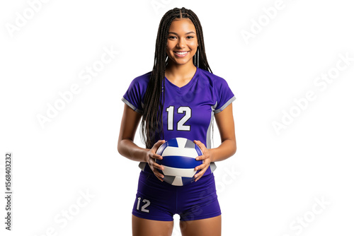 Young female volleyball player with braided hair in a purple uniform holding a volleyball and smiling