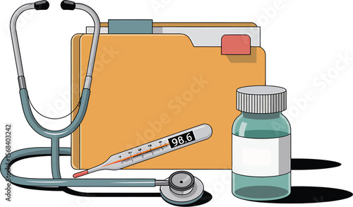 A cartoon image displaying medical supplies including a stethoscope and a file folder