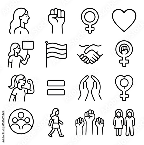 Empowered feminist icon collection, gender equality and women empowerment symbols set
