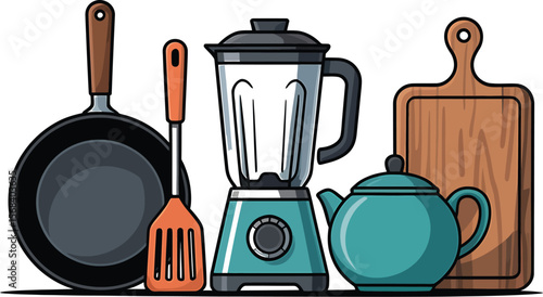 Illustration of a frying pan spatula blender teapot and cutting board items