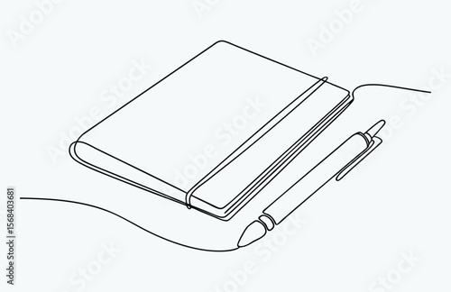 one line drawing book and pen,continuous line art drawing of book and pen or pencil, opened book single line art drawing illustration, note book and pen drawing