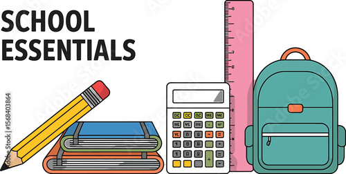 Illustration of school supplies including books pencil calculator ruler backpack