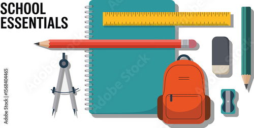 A collection of school supplies including a notebook pencil and other stationery