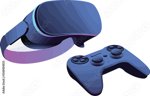 A vr headset with a purple strap and a game controller on a white background