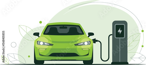 A green electric car charging at a charging station with a white background art