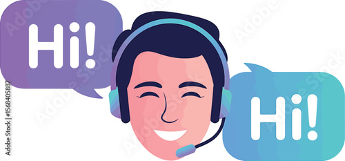 Illustration of a customer service representative with speech bubbles saying hi
