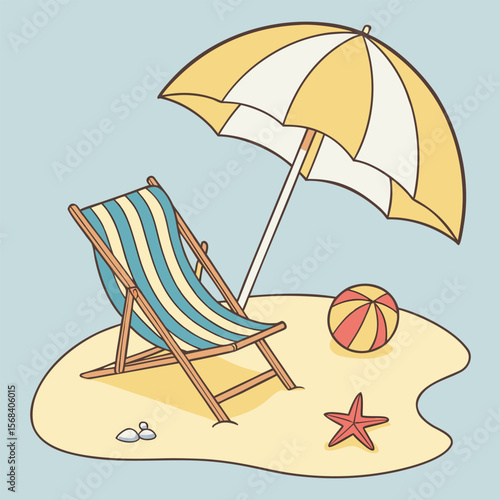 Beach scene illustration with striped deck chair umbrella and beach ball