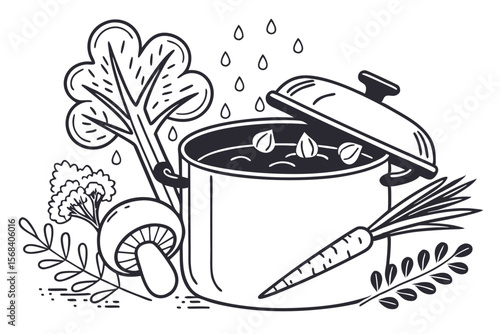black and white vector illustration, cooking pot, vegetables, carrots, broccoli, mushrooms, droplets, minimalist, line art
