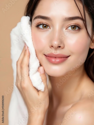 Young woman with dewy skin gently wiping face with white towel against beige background