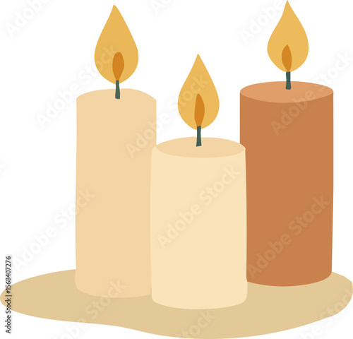 A soft gradient illustration of three glowing pillar candles casting warm light and shadows on a neutral background.