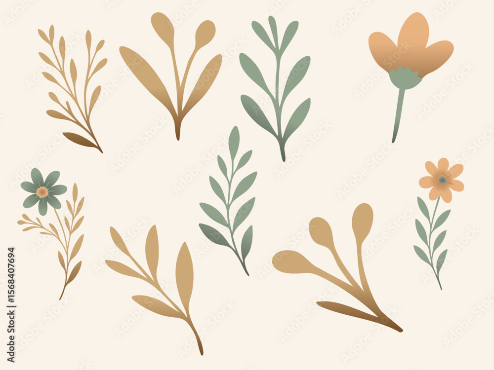 Naklejka premium Set with whimsical pastel flowers and leaf branches on a black background with scattered yellow dots.