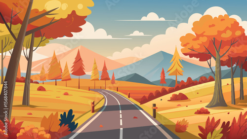Autumn Road Trip Cartoon Landscape with Trees, Mountains, and a Winding Road
