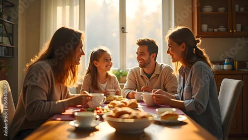 Three people sitting around a table and having a shared meal in a casual indoor setting, communicating and engaging during a peaceful dining moment