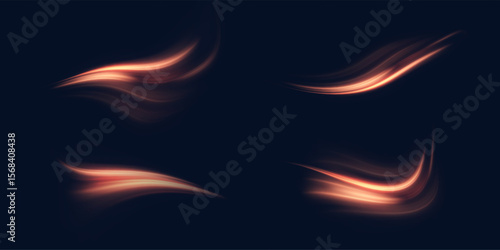 Vector illustration of fiery curved light streams on dark background. Suitable for fantasy energy visuals, magic effects, UI highlights or dynamic sci-fi designs.