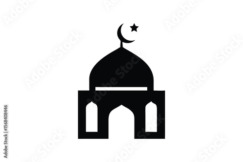 Simple black silhouette of a mosque with a dome and minaret topped with a crescent moon and star against a clean white background representing islamic architecture and religious symbolism