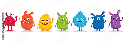 set of cartoon monsters. Cute monster in flat style. Kids funny character design for posters, cards, magazins. Rainbow monsters. Vector illustration
