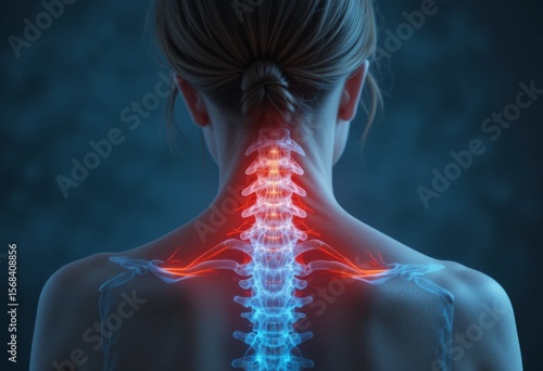 woman having muscle painful pain syndrome shoulder and neck pain. rheumatism, fibromyalgia , cervical spine. scapular pain. highlighting the skeletal structure