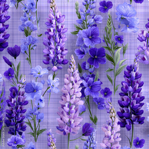 Seamless Pattern of Lavender and Purple Flowers on Sage Background