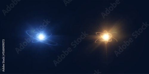 Set of glowing atomic spheres with blue and golden energy orbits on dark background. Vector science visualization, quantum technology, or magical energy concept for interfaces and digital art.