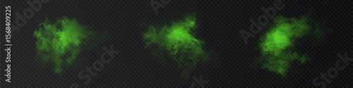 Vector illustration of a set of bright green smoke clouds with glowing fog on a dark transparent background. Suitable for magical energy effects, fantasy scenes, sci-fi overlays or game user interface