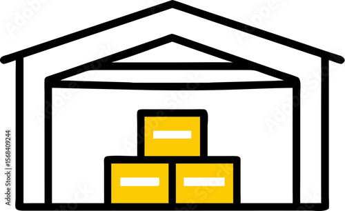 A single isolated stroke line vector icon of  a warehouse building with stacked boxes inside, representing inventory or logistics, clean modern style, white background.