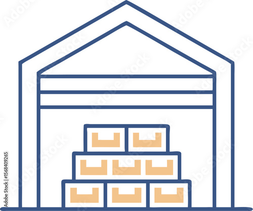 A single isolated stroke line vector icon of  a warehouse building with stacked boxes inside, representing inventory or logistics, clean modern style, white background.