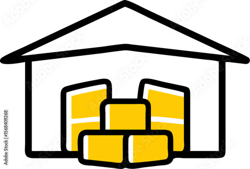 A single isolated stroke line vector icon of  a warehouse building with stacked boxes inside, representing inventory or logistics, clean modern style, white background.