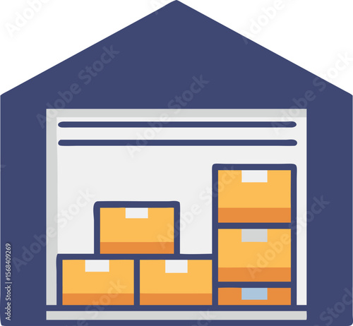 A single isolated stroke line vector icon of  a warehouse building with stacked boxes inside, representing inventory or logistics, clean modern style, white background.