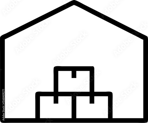 A single isolated stroke line vector icon of  a warehouse building with stacked boxes inside, representing inventory or logistics, clean modern style, white background.
