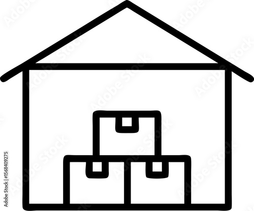 A single isolated stroke line vector icon of  a warehouse building with stacked boxes inside, representing inventory or logistics, clean modern style, white background.