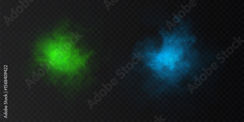 Blue and green Vector realistic clouds, smoke, steam, haze. Texture of colorful smoke on dark background.