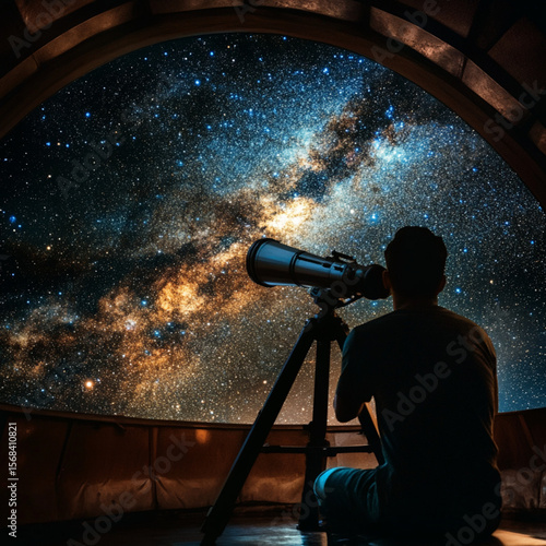 A man observes the wonderful endless space through a telescope at an observatory.