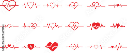 Red heartbeat line vector collection with heart pulse symbols and electrocardiogram ecg waveform icons on white background