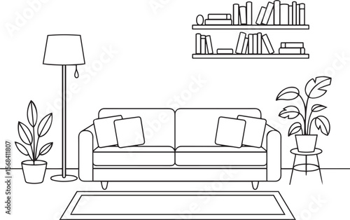 Simple line drawing of a cozy living room